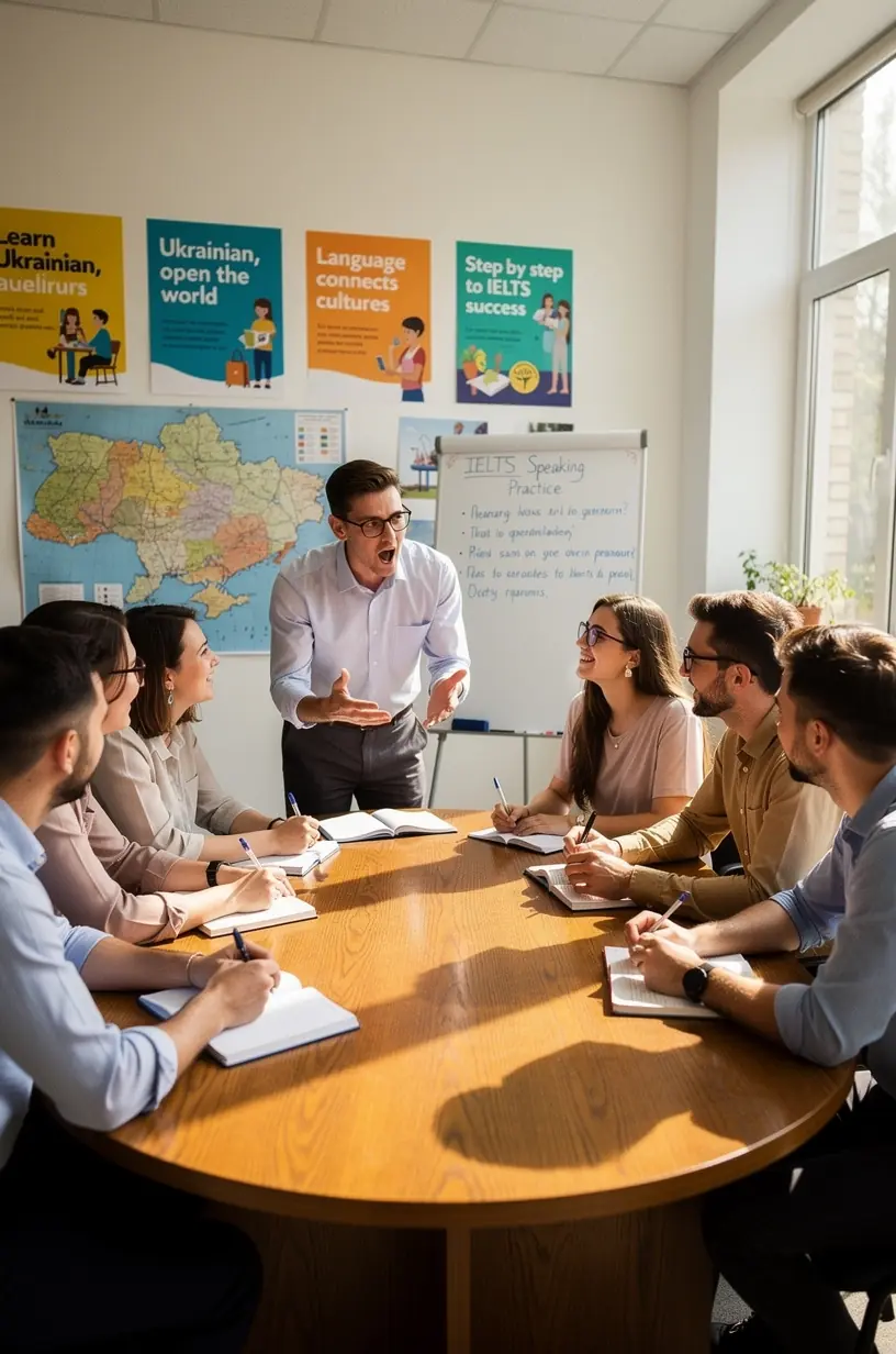 Calm study environment with motivational posters about achieving high scores in English proficiency tests
